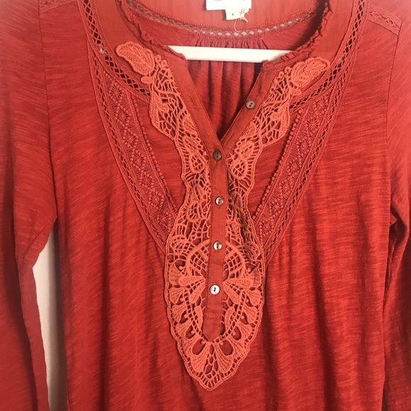 Meadow Rue Anthropologie Cotton Embroidered Top-Rust Orange-Size Small - Picture 3 of 6